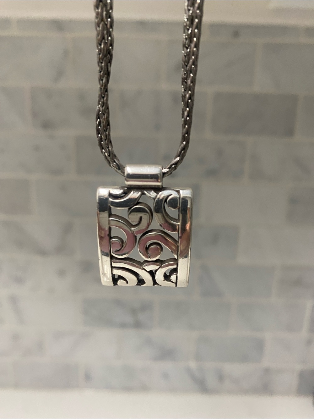 Brighton Deco Lace necklace features a silver-plated rectangular pendant